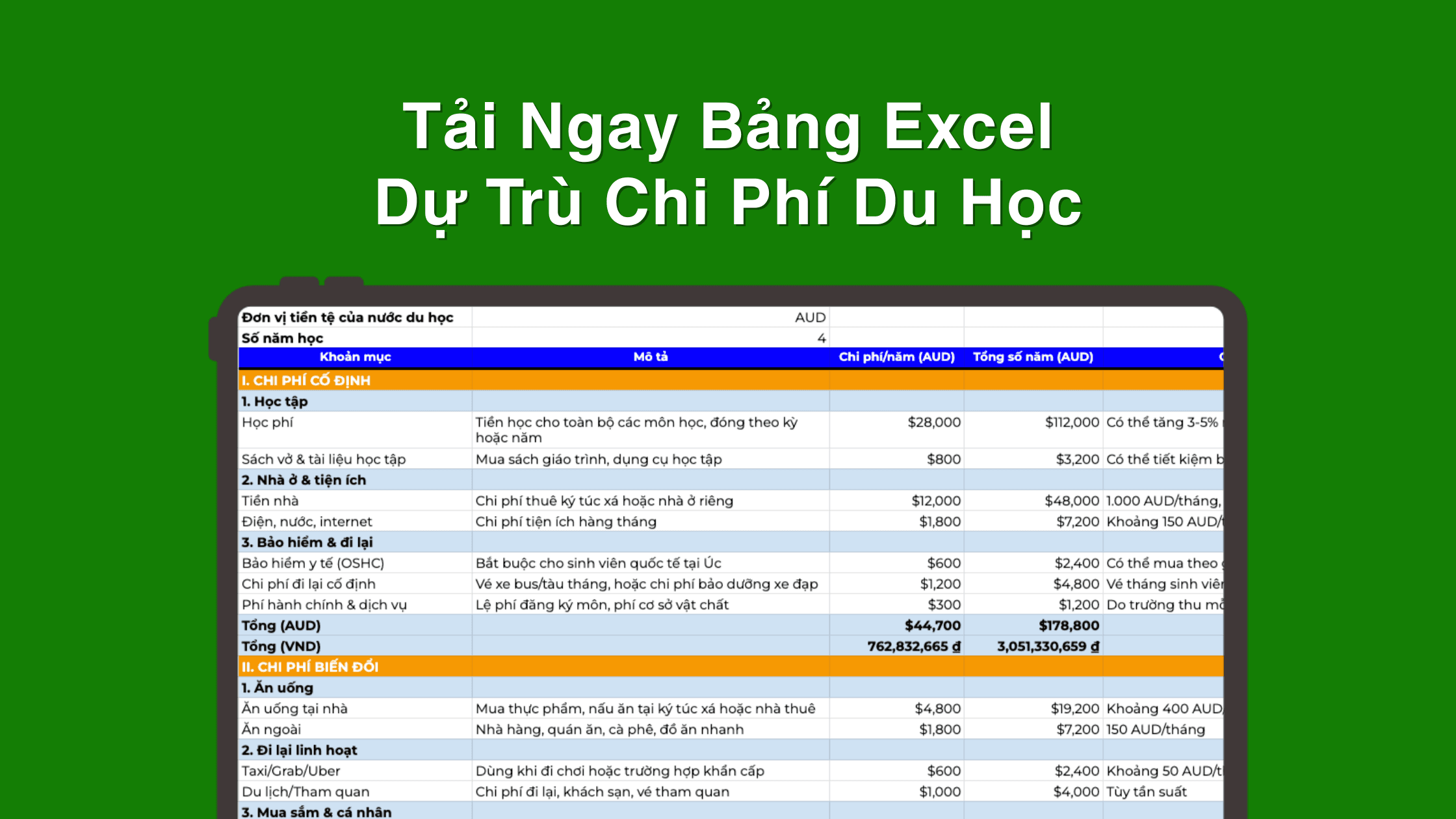 [Miễn phí] Tải Bảng Excel Mẫu Dự Trù Chi Phí Du Học